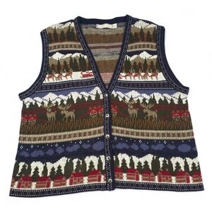 Vtg 90s Chelsea Gardens Scenic Landscape Sweater Vest Cotton Made in USA Med